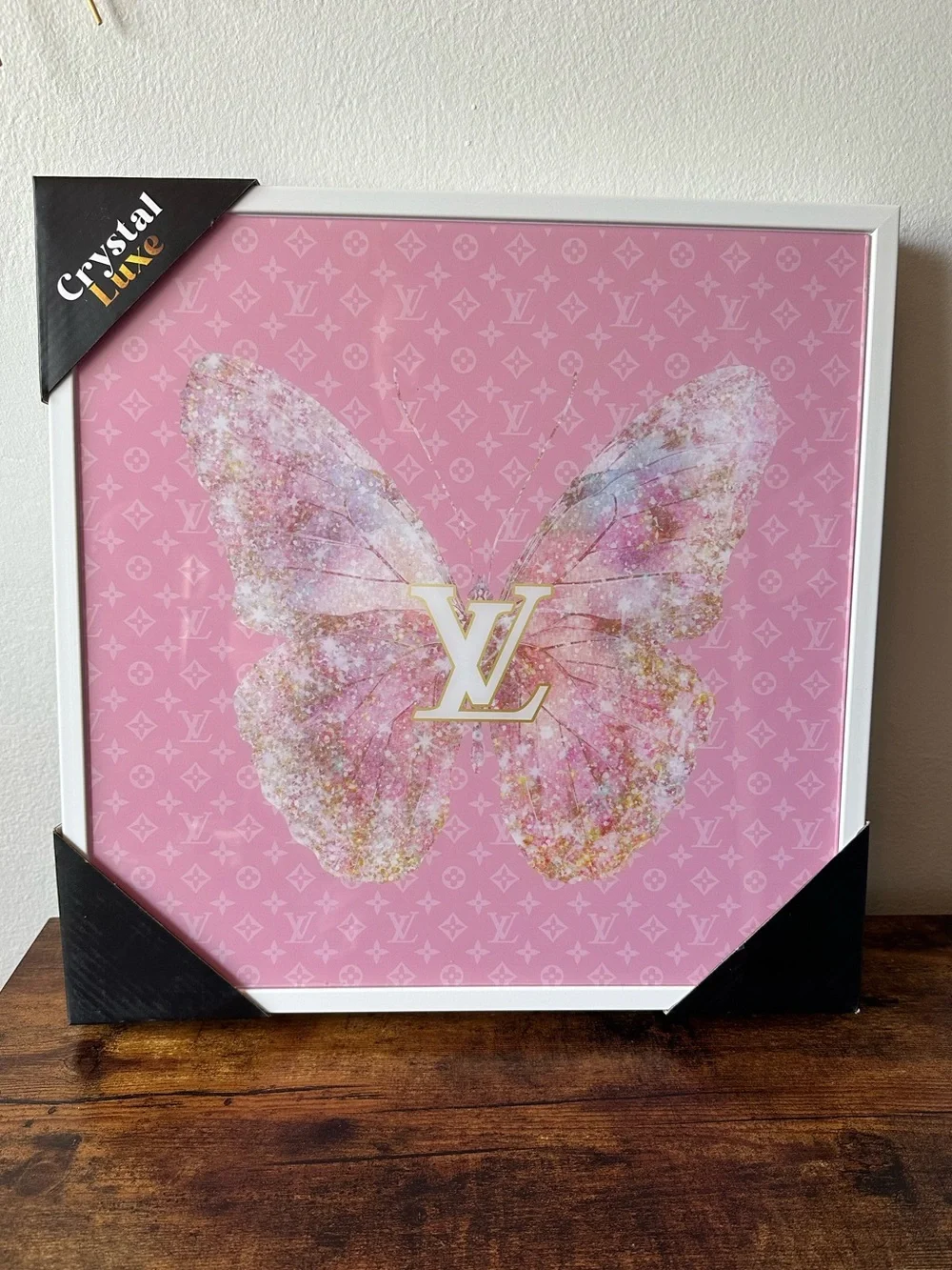 Luxury Designer Inspired Framed Gold & Pink Sparkle Butterfly Wall Art Decor NWT